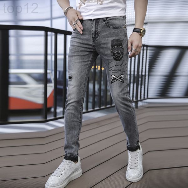 

men's jeans designer european station fashion brand jeans men's 2022 spring and summer new elastic embroidery drill casual pants l, Blue