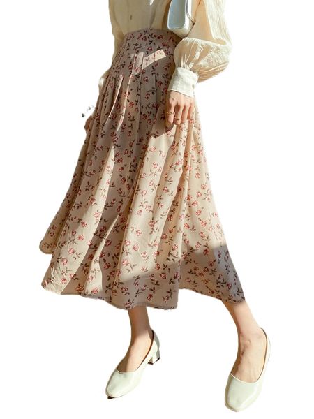 

dazy high waist allover floral print plicated detail skirt e4eg#, Black
