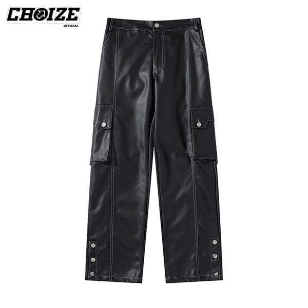 Calças masculinas Choize Moda Black Pu Faux Leather Mulheres Legal Lia Pesca Loja calça UNISSISEX STREETWATH Baggy Punk Dark Cargo Men 220826