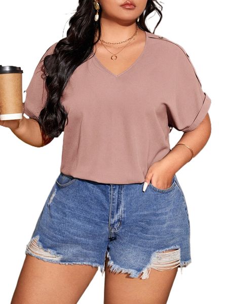 

plus roll cuff batwing sleeve blouse l3et#, Black