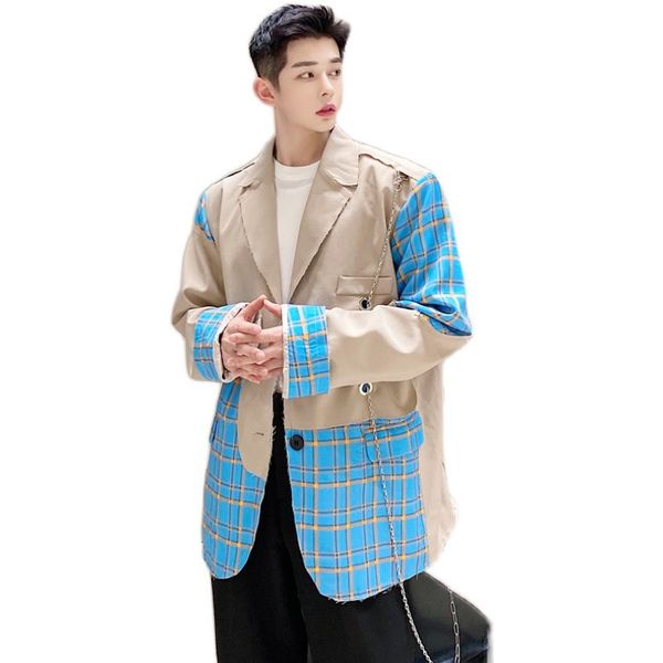 

khaki vintage fashion hip hop suit jacket men broken edge metal hole chain plaid splice streetwear casual coat, White;black