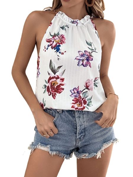 

floral print frilled knot halter neck blouse l6iv#, White