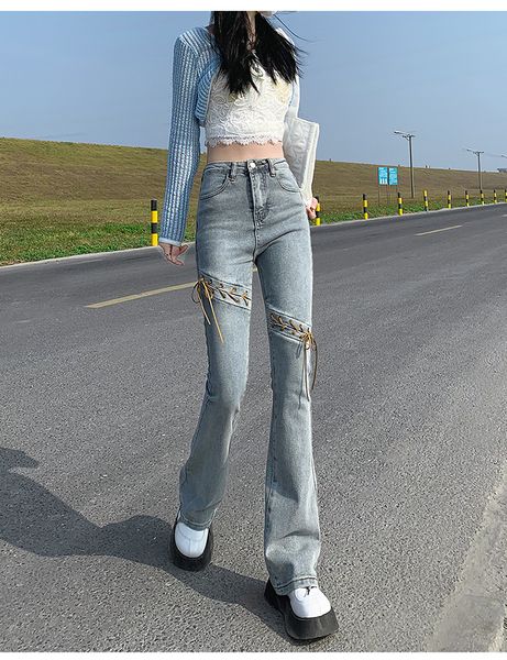 

women's strap jeans women's summer american retro slim flared pants in europe and america, Blue