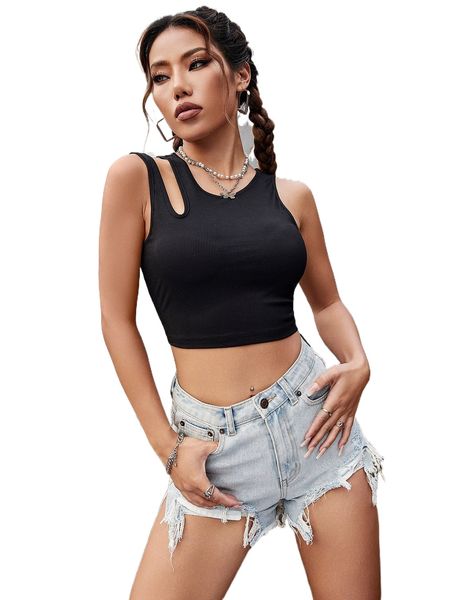 

cut out ribbed solid crop z6v5#, White