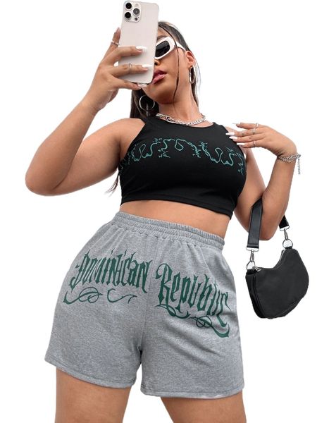 

plus letter graphic elastic waist shorts a7sl#, Black