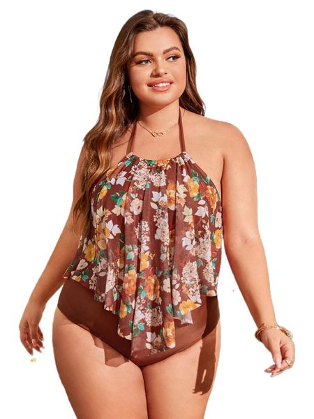

plus floral print hanky hem tie backless halter high waist bikini swimsuit c4b9#, White;black