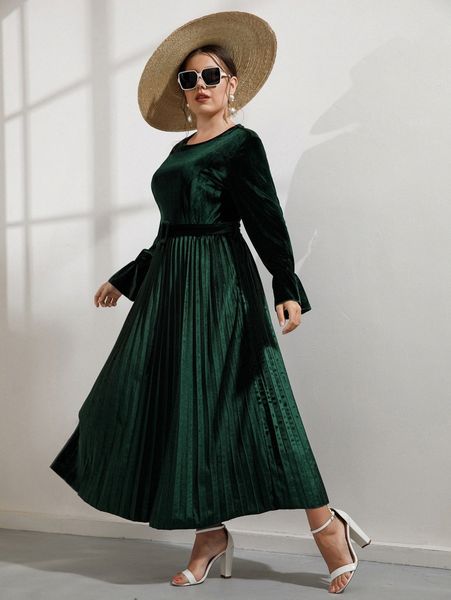 

plus flounce sleeve pleated hem belted velvet dress w3ar#, Black