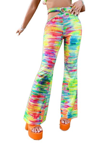 

tie dye print cut out waist flare leg pants x5xt#, Black;white