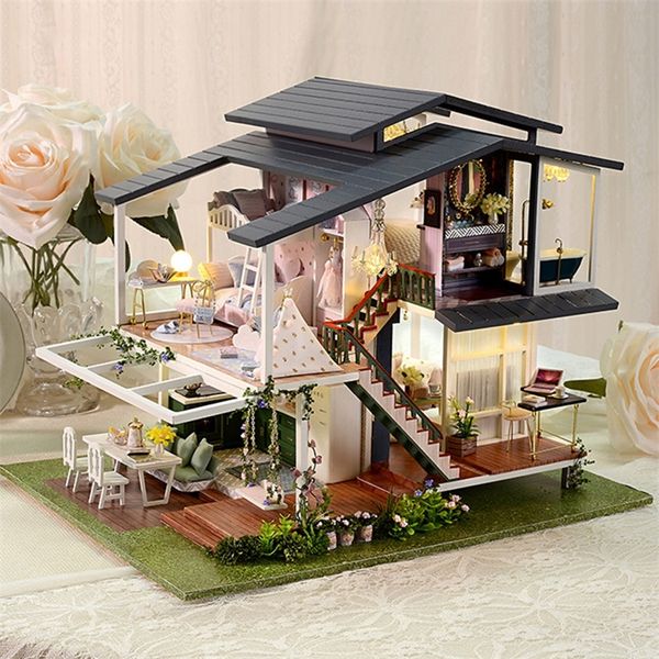 Büyük Ev Diy Dollhouse Kiti Roombox Minyatür Bebek Evi Mobilya Villa Bahçe Ahşap Çocuk Doğum Günü Hediyeleri Için Oyuncaklar Birleştirin 220601