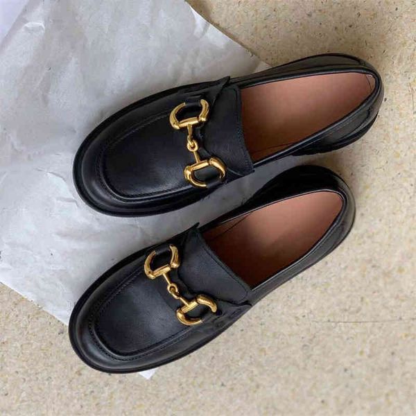 

sandals british style muffin, thick soled leather, soft small leather shoes, women's one foot elevated lefu single shoes, Black