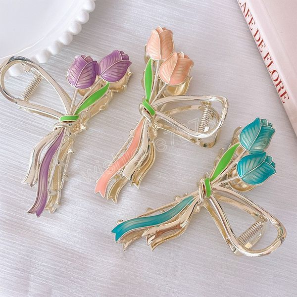 

elegant tulip flower hair clamps metal ponytail clips claw korean women summer hair accessories hairpins, Slivery;golden