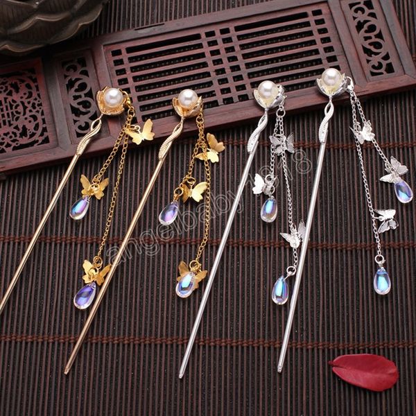 

retro chinese style crystal long tassel step shake hairpins clips hair sticks bride wedding party hair jewelry headpiece, Slivery;white