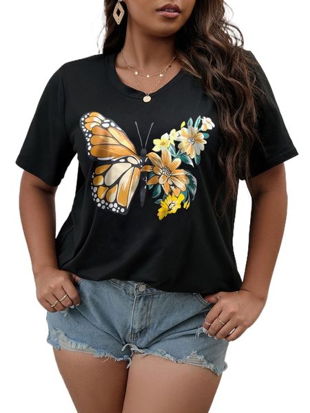 

plus floral & butterfly print tee p9ck#, Black