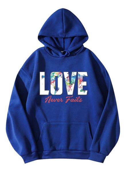 

slogan graphic kangaroo pocket drawstring thermal hoodie 95dw#, Black