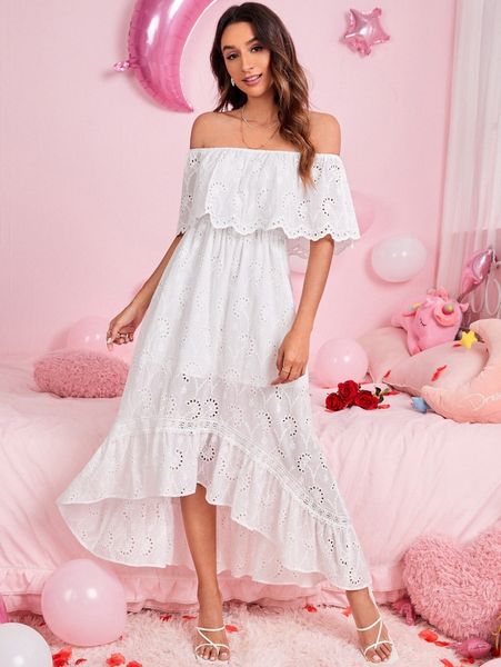 

ruffle hem high low off shoulder dress 47eb#, Black;gray