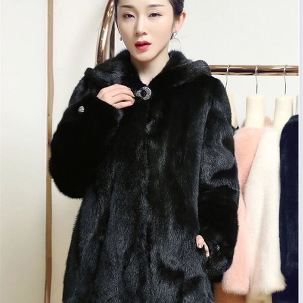 

white thick warm fur long sleeve o-neck jacket winter fashion women faux fur furry coat outerwear overcoat plus size lj201204, Black