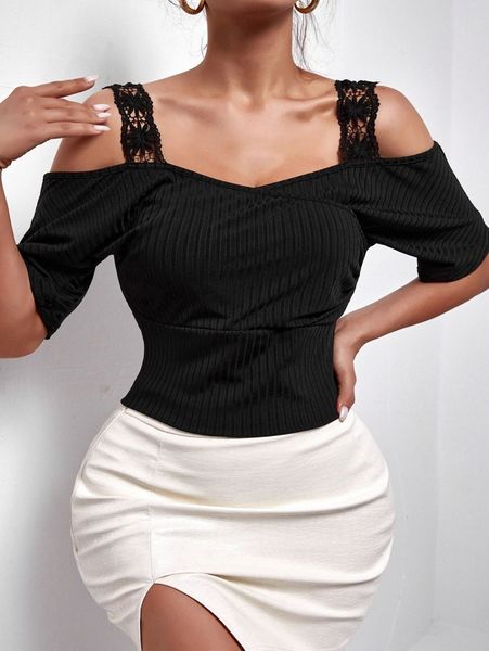 

sxy guipure lace insert cold shoulder tee v6t1#, White