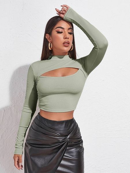 

mock neck cut-out rib-knit slim crop tee 51hl#, White