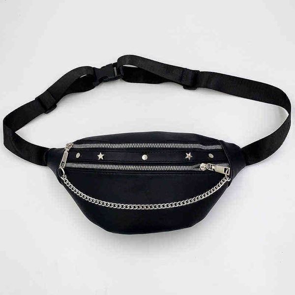 

stylish rivet chain waist bags for women pu leather black pack female fanny wide strap crossbody chest bag trend 220616