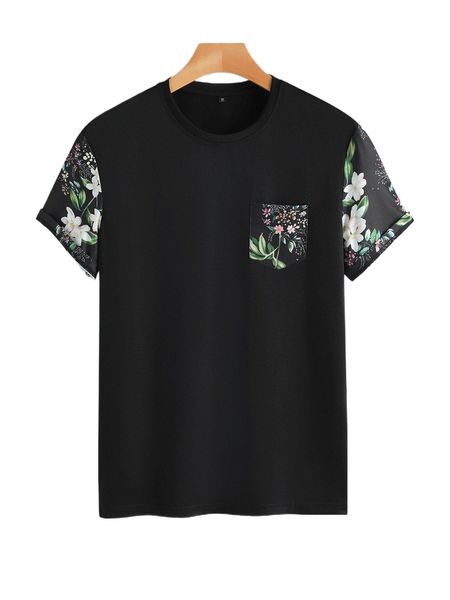 

men floral print one pocket front tee 626y#, White;black