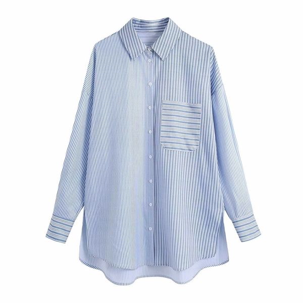 

fashion women striped shirt long sleeves patchwork pocket blouse casual buttoned chic lady woman haut femme 210709, White