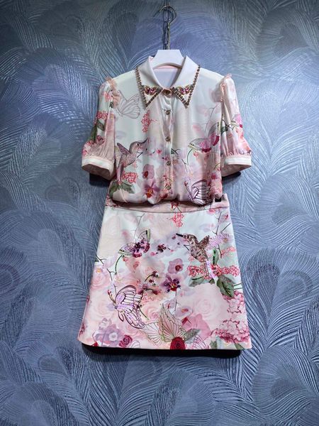 

2022 summer new two piece dress lapel print short sleeve with skirt set, White