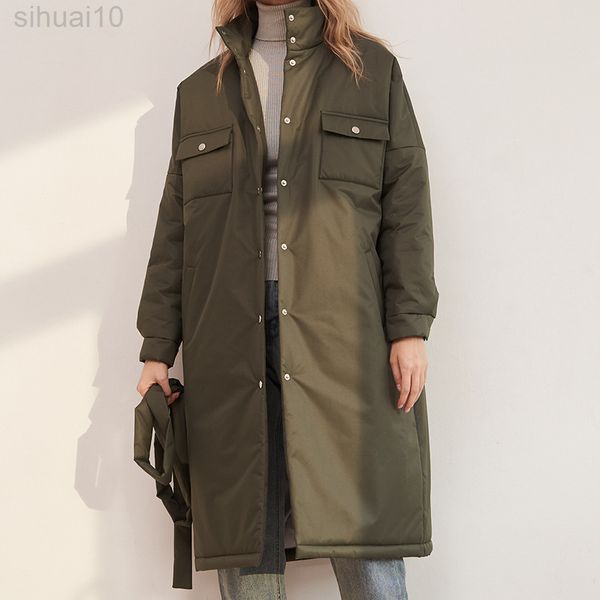 

malina spring single breasted parkas women fashion stand collar coat women solid tie belt simple cotton jackets female ladies l220730, Black