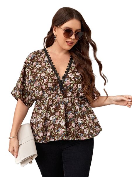 

plus lace trim floral peplum s8fl#, Black