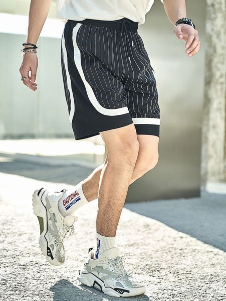 

men vertical striped contrast tape drawstring waist shorts 22d0#, White;black
