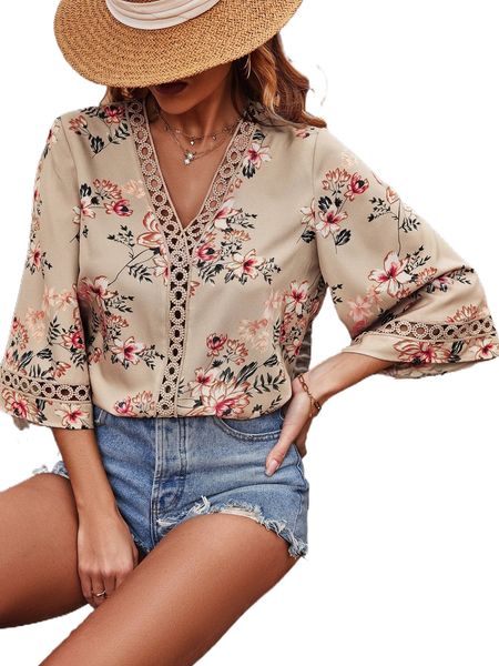 

floral print guipure lace insert trumpet sleeve blouse d8xs#, White
