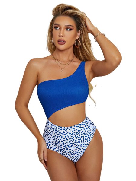 

dalmatian print cut-out one shoulder one piece swimsuit p4sx#, White;black