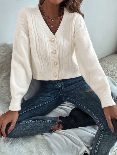 

cable knit drop shoulder cardigan l1uc#, White;black