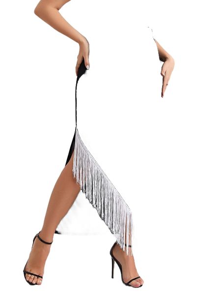 

plus fringe trim split thigh skirt u2wf#, Black