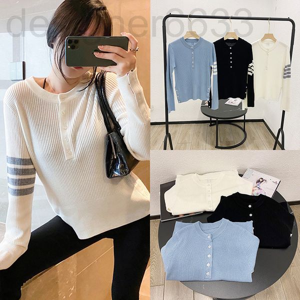 

women's knits & tees designer spring and summer tb round neck pullover sweater women's bottomed sweater shell buckle long sleeve v, White