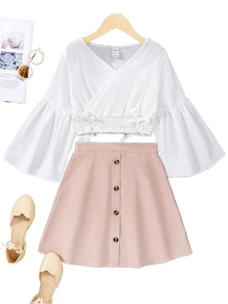 

girls shirred hem surplice neck flounce sleeve blouse & skirt s2cp#, Black;white