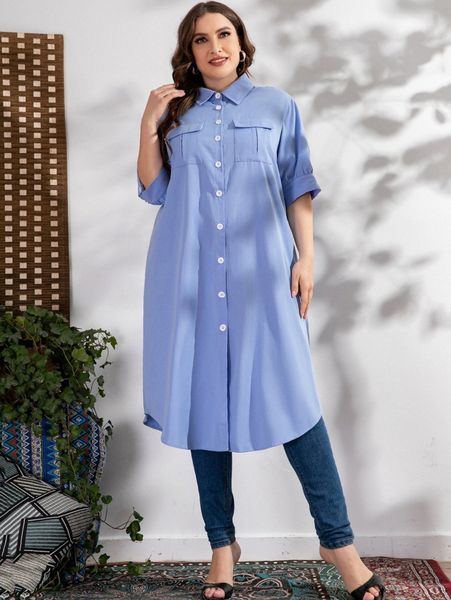 

plus flap pocket curved hem blouse 32cf#, Black