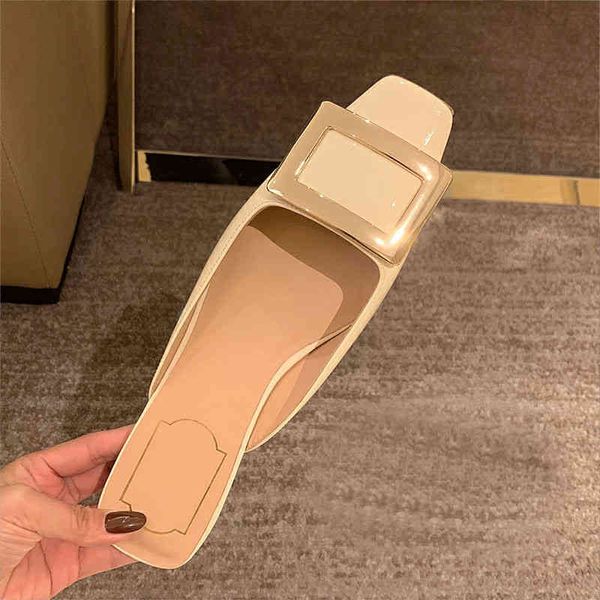 

sandals net red summer cow patent leather rv square buckle single shoe women's metal horseshoe head middle heel shallow mouth half, Black