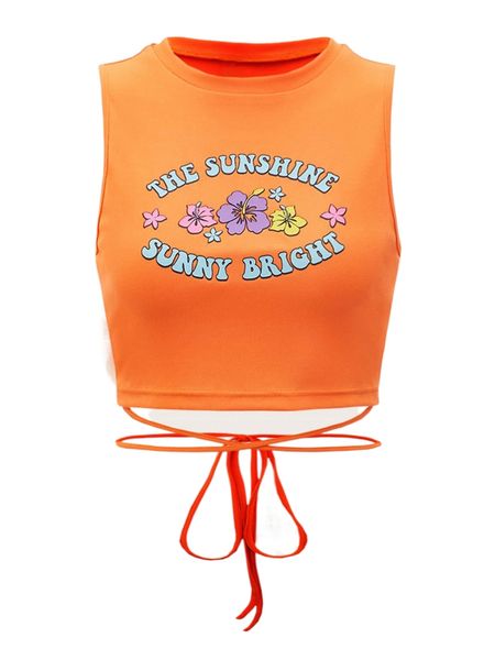 

floral & slogan graphic crisscross tie back tank n5po#, White