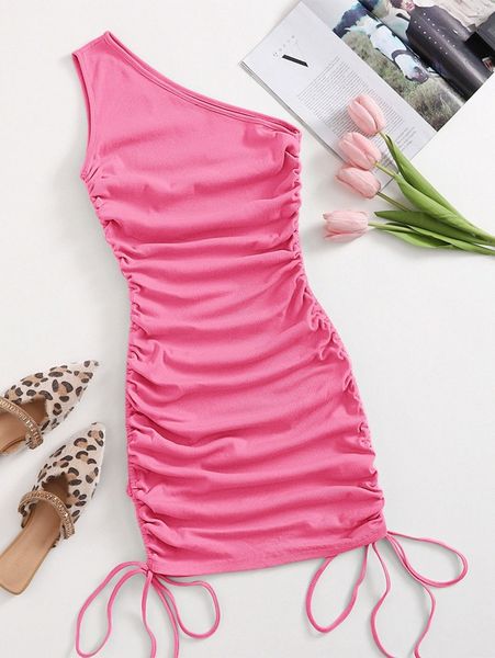 

one shoulder ruched knot side bodycon dress x5ke#, Black;gray