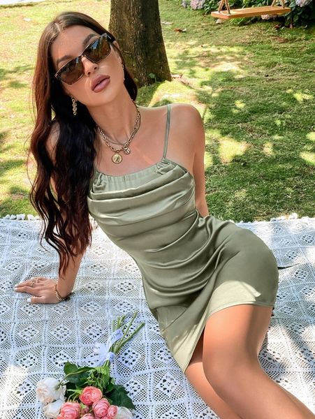 

fold pleated satin cami dress u7fh#, Black;gray