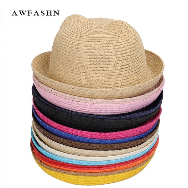 

cute children's sun hat spring summer boy girl kids baby straw hat summer cap panama shades ear beach hats casquette 220511, Yellow