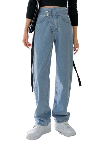 

dazy high waist buckle detail straight leg jeans q7me#, Blue