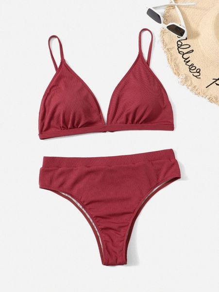 

plus solid rib bikini swimsuit 98zv#, White;black