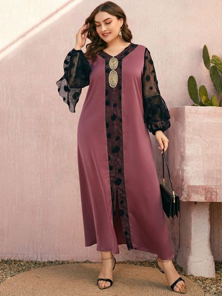 

plus contrast lace ruffle trim lantern sleeve split hem maxi dress a7hg#, Black