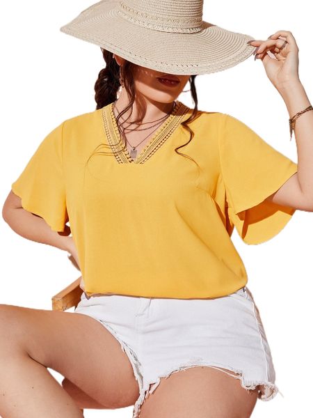 

plus v neck butterfly sleeve blouse u9ex#, Black