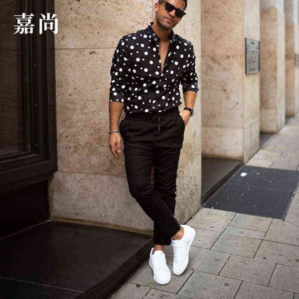 

2022 summer new fashion dot lapel long sleeve shirt men's, White;black