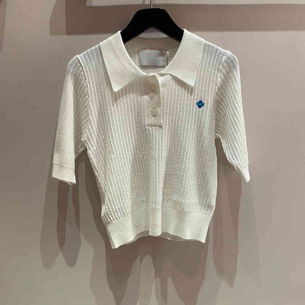 

women's knits tees french minority spring and summer embroidery slim fit simple t-shirt women polo collar short sleeve sweater women, White