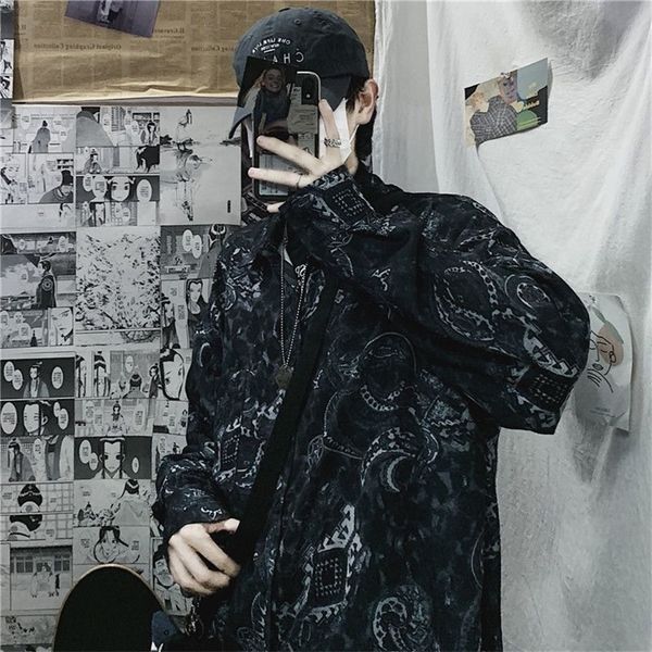 

spring autumn long-sleeved shirt korean vintage hong kong style dark abstinence cashew flower print loose jacket men women 220324, White;black