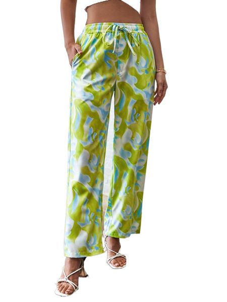 

random allover print drawstring waist pants j0ya#, Black;white