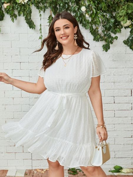 

plus solid butterfly sleeve belted dress v7kj#, Black